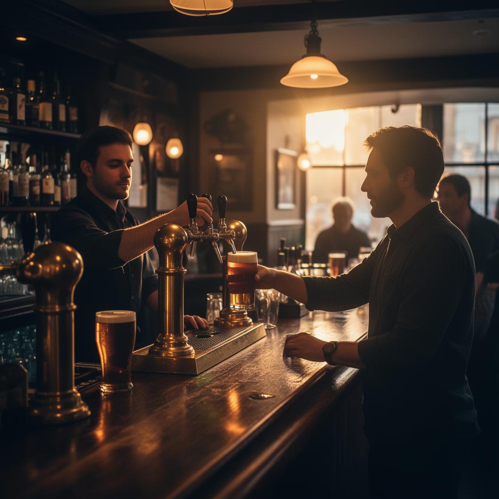 Bartender pulling a pint of ale behind a wooden bar