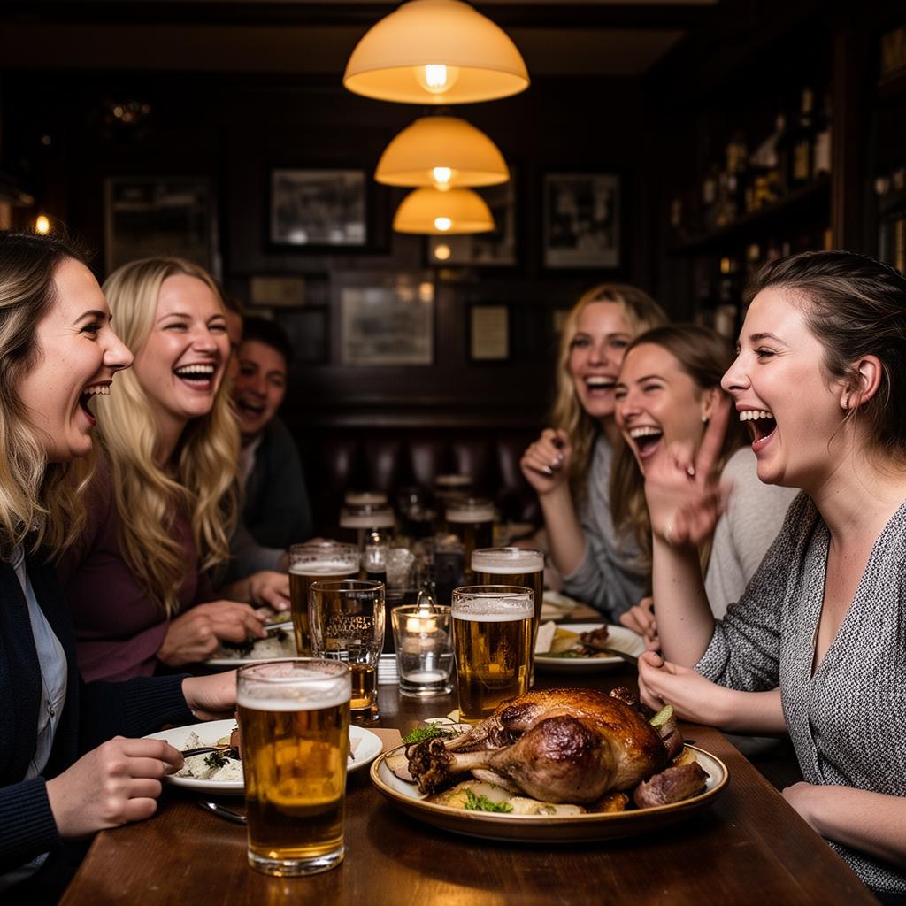 Friends laughing around a pub table with pints and a Sunday roast