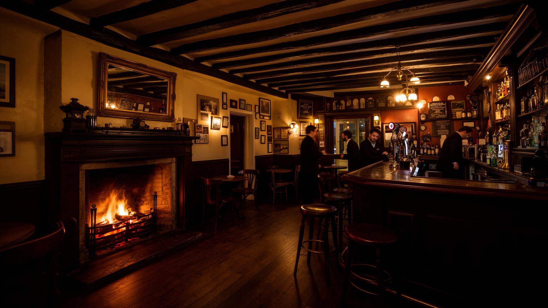 Traditional British pub interior at night with a fireplace and warm pendant lighting