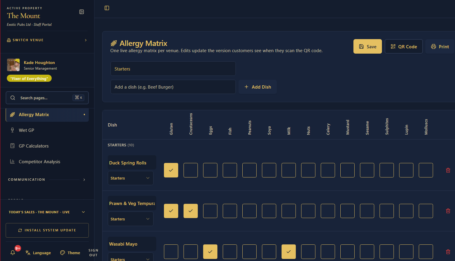 Allergy matrix on desktop