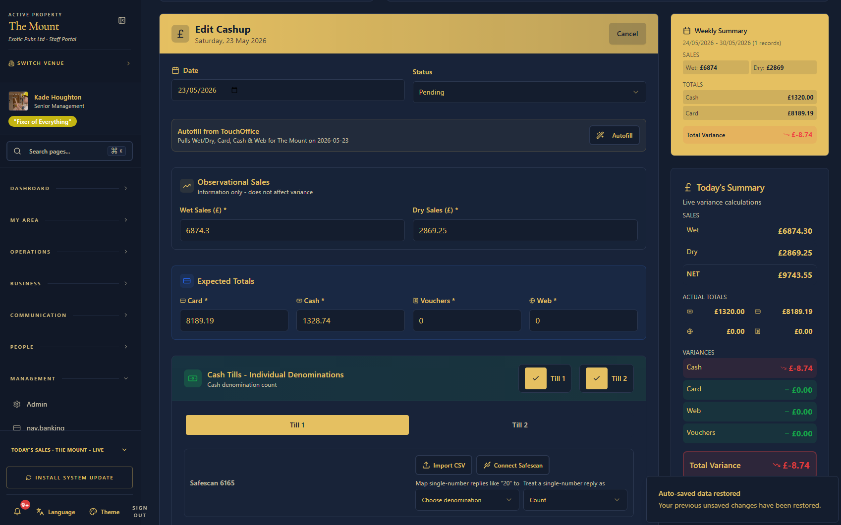 Cashup on desktop